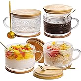 BOICHU Vintage Coffee Mugs Glassware Set of 4-14oz Leak Proof Overnight Oats Containers with Lids and Spoons, Hobnail Glass Cups with Bamboo Lids, Ideal Coffee Bar Accessories Perfect for Drinks, Tea