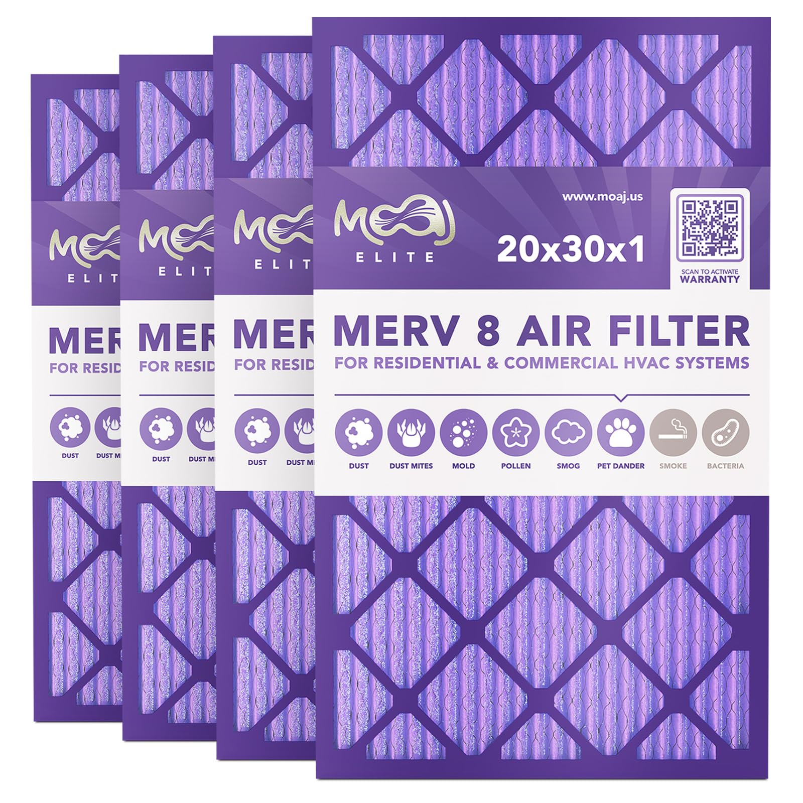 20x30x1 Air Filter (4-PACK) | MERV 8 | MOAJ Elite Dust Defense | BASED IN USA | Quality Pleated Replacement Air Filters for AC & Furnace Applications | Actual Dimensions: 19.70″ x 29.70″ x 0.75″