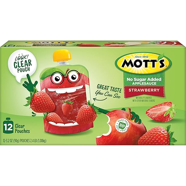 MOTT’S NO SUGAR ADDED STRAWBERRY APPLESAUCE, 3.2 OZ CLEAR POUCHES, 12 COUNT