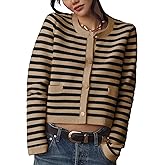 Lentta Womens Striped Knit Cardigan Sweater Crew Neck Long Sleeve Button Front Outerwear(Khaki-M), Medium