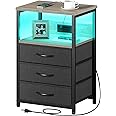 Seventable Nightstand with Charging Station and LED Light, Side Table with 3 Fabric Drawers, Bedside End Table with USB Ports and Outlets, Night Stand for Bedroom, Greige