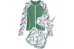 Ghteas Girls 3 Piece Swimsuit Long Sleeve Rash Guard Zipper Bathing Suit UPF 50+ Summer Swimwear for Girl 5-14 Years