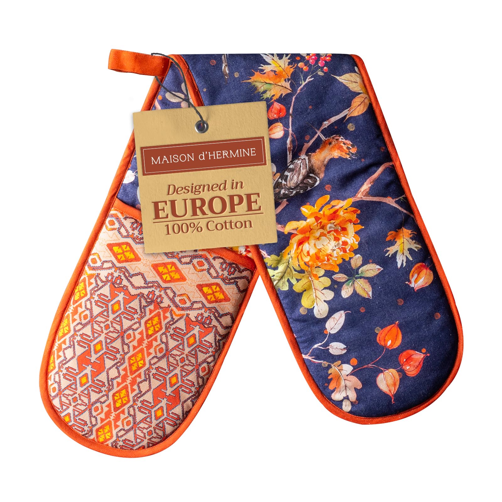 Maison d' Hermine Double Oven Mitt (18 cm x 89 cm) 100% Cotton Heat Resistant BBQ Cooking Gloves with Loop for Christmas Decorations Baking Cooking Barbeque Handling Hot Pan (Kelim - Infinity)