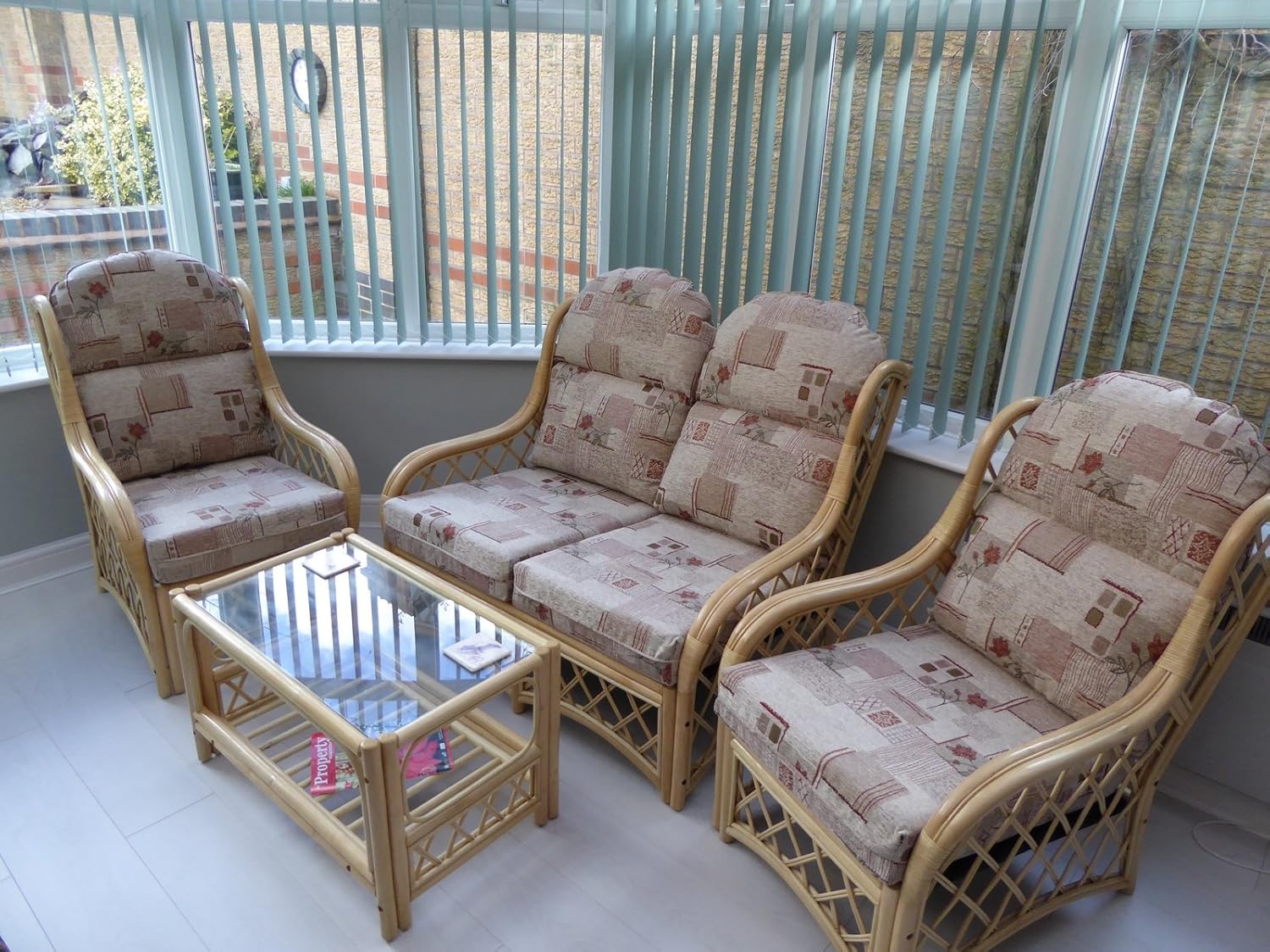 Country Floral Cane Conservatory Furniture 4 Piece Set Sofa And 2