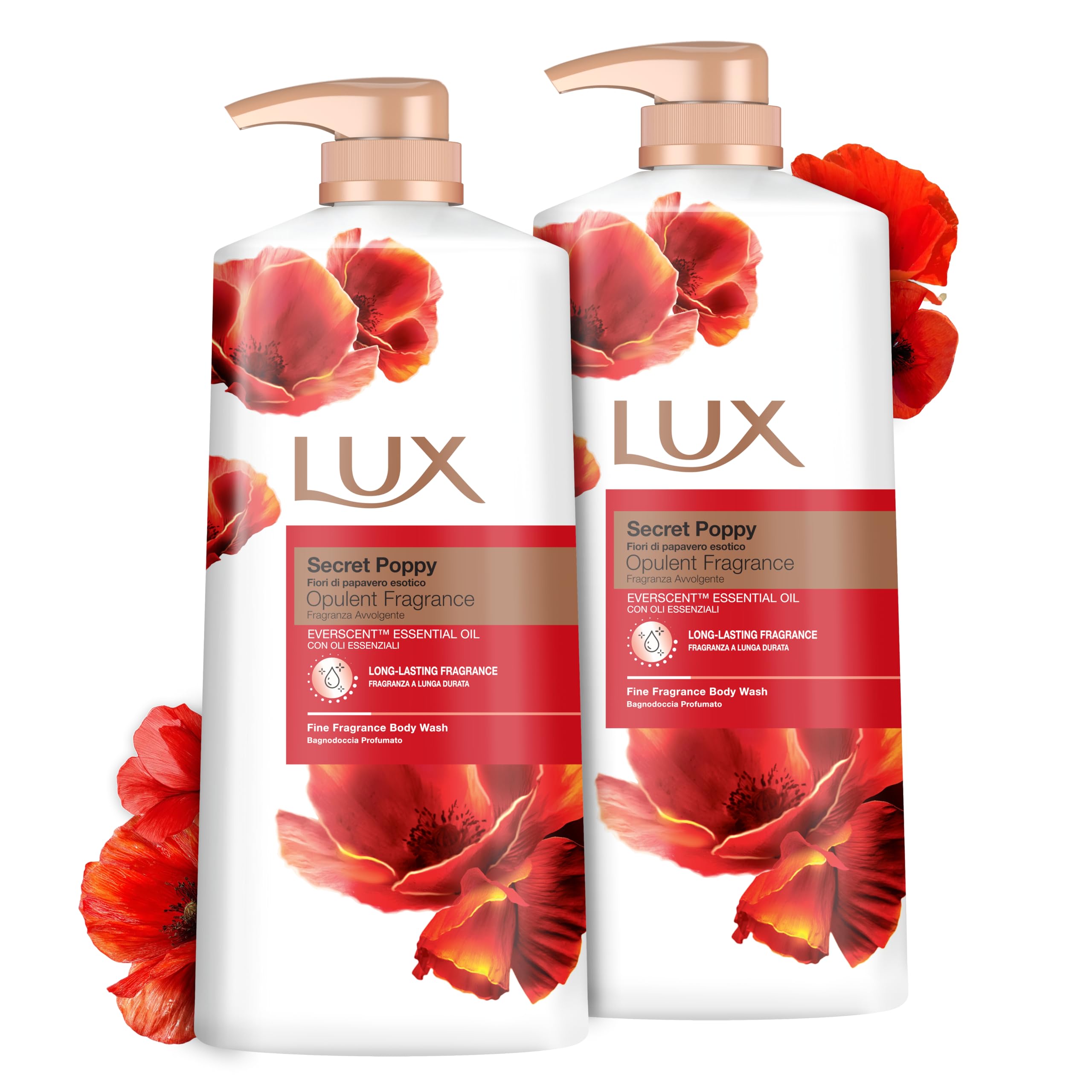 LUX Secret Poppy Body Wash with Bergamot Oil - Gentle & Soothing Shower Gel, Nourishing Body Cleanser, Aromatic Fragrance Bath Soap, Pack of 2, 1 L