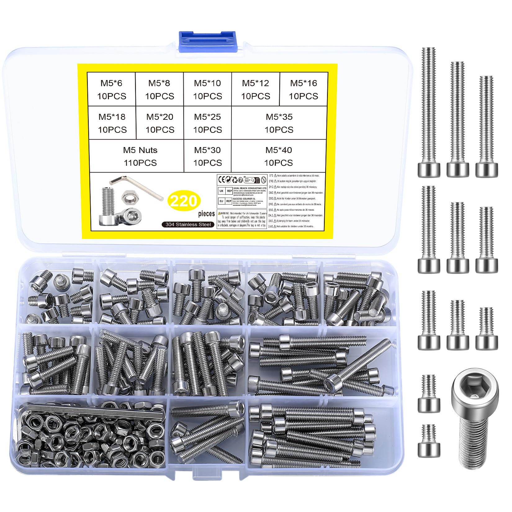 220 Pcs M6 Bolts and Nuts Sets, 304 Stainless Steel Hex Socket Button Head Cap Screws Bolts Nuts Assortment Kit, Hex Socket Machine Screws with 2 Pcs Wrenches