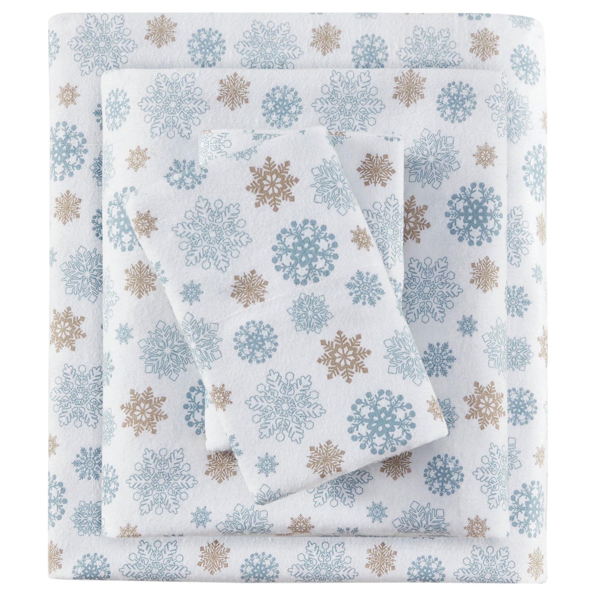 SLEEP PHILOSOPHY True North Cozy Flannel Warm 100% Cotton Sheet - Novelty Print Animals Stars Cute Ultra Soft Cold Weather Bedding Set, Twin, Tan/Blue Snowflakes 3 Piece