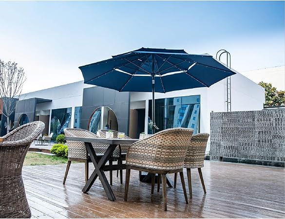 Amazon Com Leisurelife 3 Tiers Patio Table Umbrella With Solar Lights Outdoor 10 Tilt And Crank 8 Sturdy Ribs Solar Power Navy Blue Garden Outdoor
