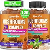 Mushroom Gummies for Adults 4000mg, Brain Supplements for Memory and Focus, 26 in 1 Mushroom Supplement Complex with Ashwagandha & Lion's Mane, Turkey Tail, Reishi, Cordyceps, Organic, 120 Count