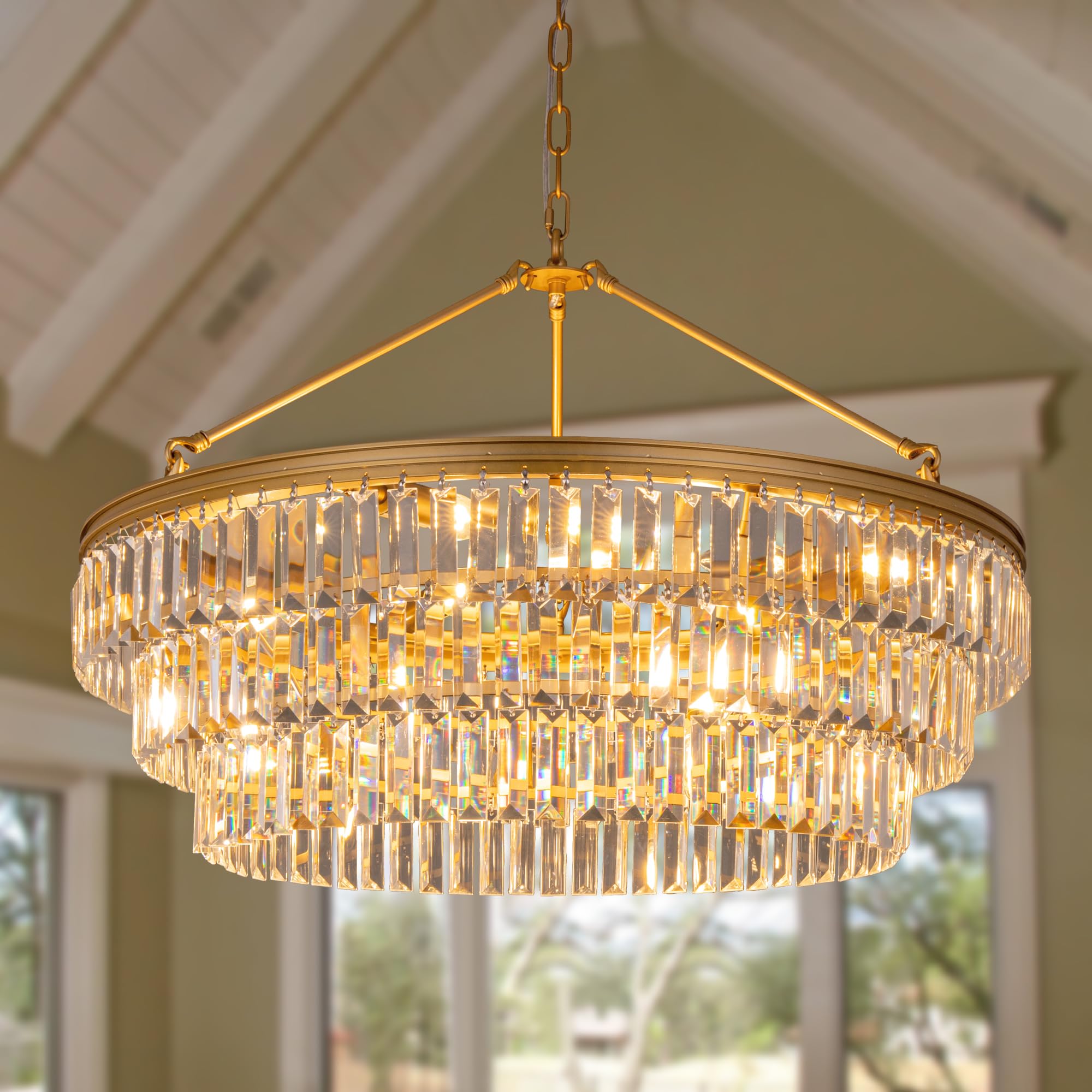 Photo 1 of TOCHIC Gold Crystal Chandelier for Bedroom, 29" Modern Farmhouse Chandelier Light Fixture for Dining Living Room, Adjustable Round Hanging Chandelier for Kitchen Island, Foyer, Entryway