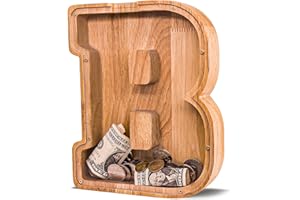 JOOMLAFLY Wooden Letter Piggy Bank for Kids Larger Alphabet Letter Bank for Boys Initial Coin Bank Personalized Piggy Bank Wood Money Save Box for Birthday and Festival-Upgrade 9"" B Piggy Bank