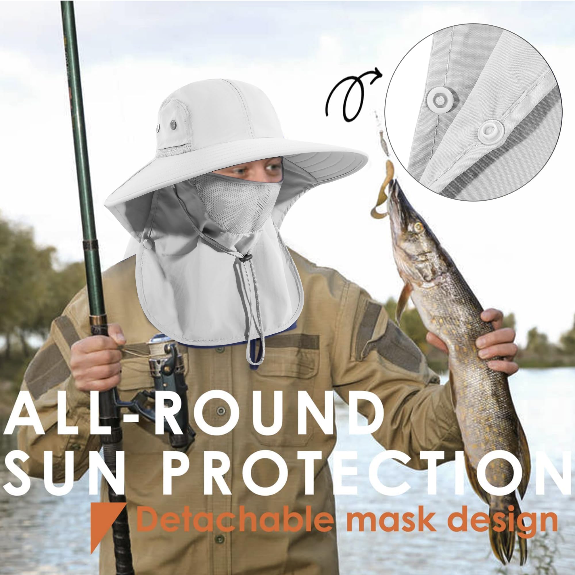 HEEHIPOO Mens Women Fishing Hat UPF 50+ Wide Brim Sun Hat with Face Cover & Neck Flap Light Gray