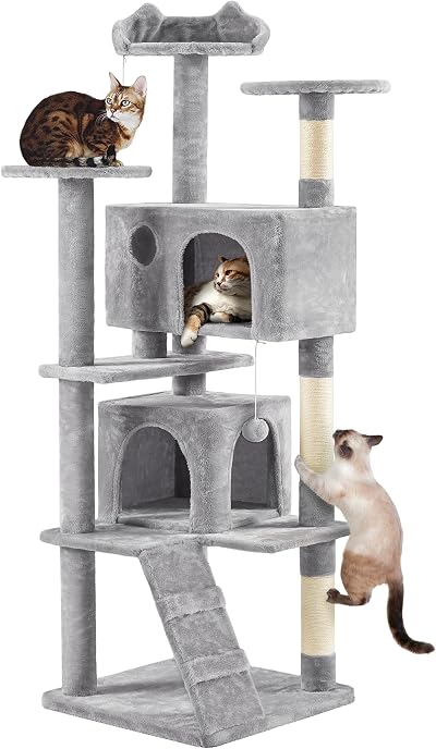 Yaheetech Large Cat Tree 178cm Tower with 2 Condos Scratching Posts Light Grey