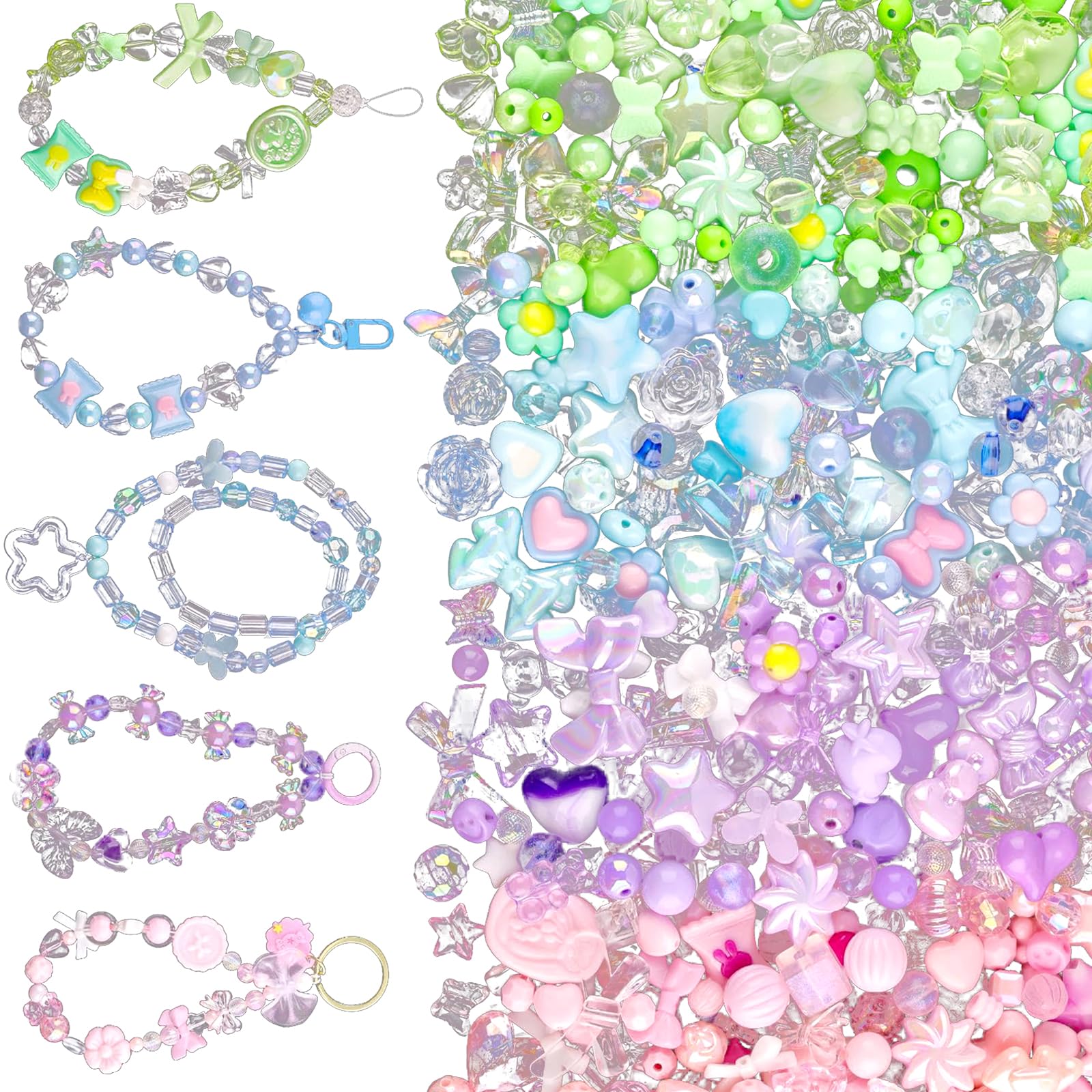 Calkkrer About 160 Pieces Colourful Acrylic Beads, Cute Beads for Bracelets, Pendant Set with Flowers, Butterflies, Hearts, Aesthetic DIY Charms for Bracelets and Necklaces