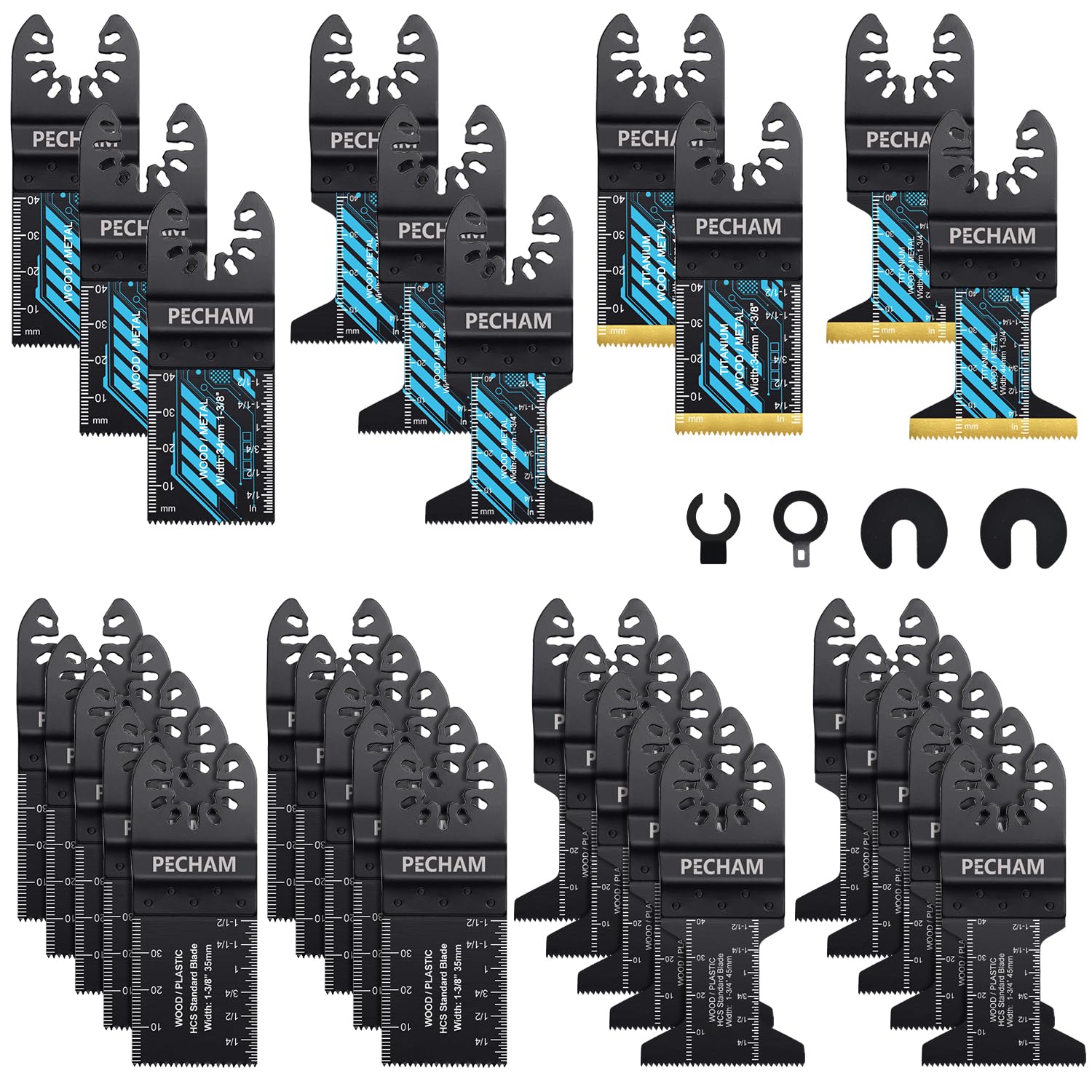 PECHAM Oscillating Tool Blade, 34PCS Universal Wood Metal Oscillating Multitool Quick Release Saw Blades Fit Porter Cable Black & Decker Rockwell Ridgid Ryobi Milwaukee DeWalt Chicago Craftsman Image