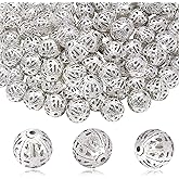 TOAOB 100pcs 10mm Silver Plated Filigree Hollow Ball Beads Round Metal Loose Spacer Beads for DIY Crafts Bracelets Necklaces Earrings Jewelry Making