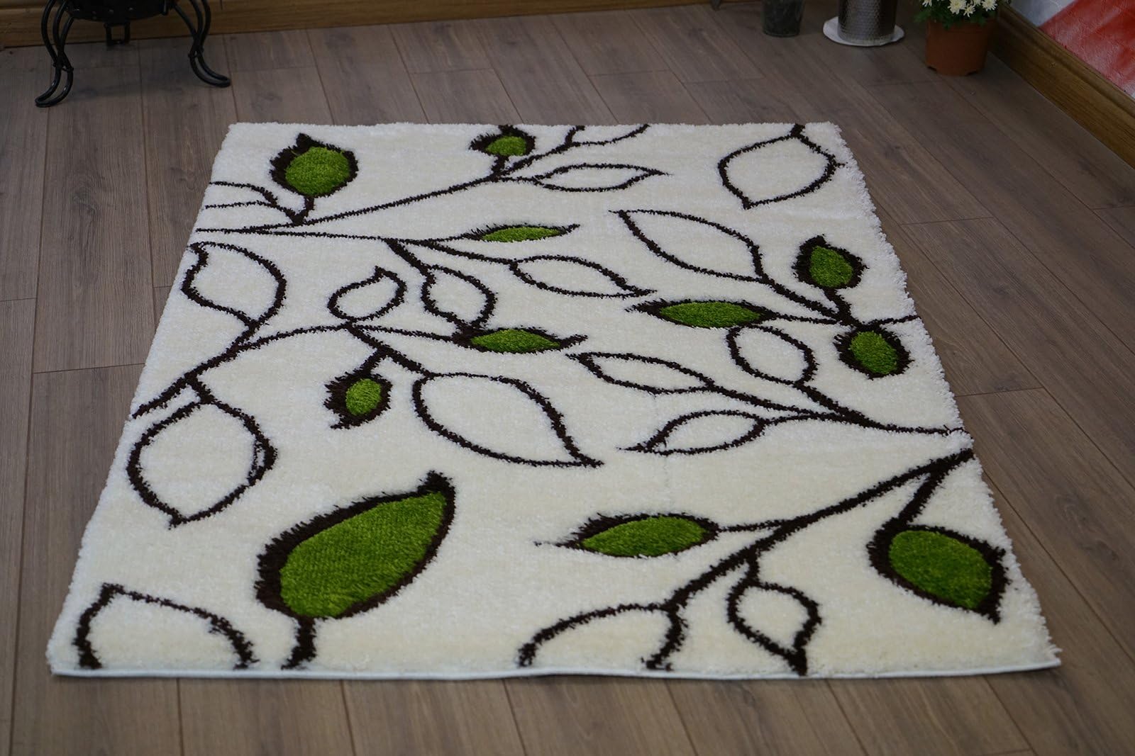 Living Room Extra Large - Large Very Soft Hand Carved Leaves Printed Design Shaggy Rugs in 2 Colours (Cream Green, 60x120cm (2x4'))