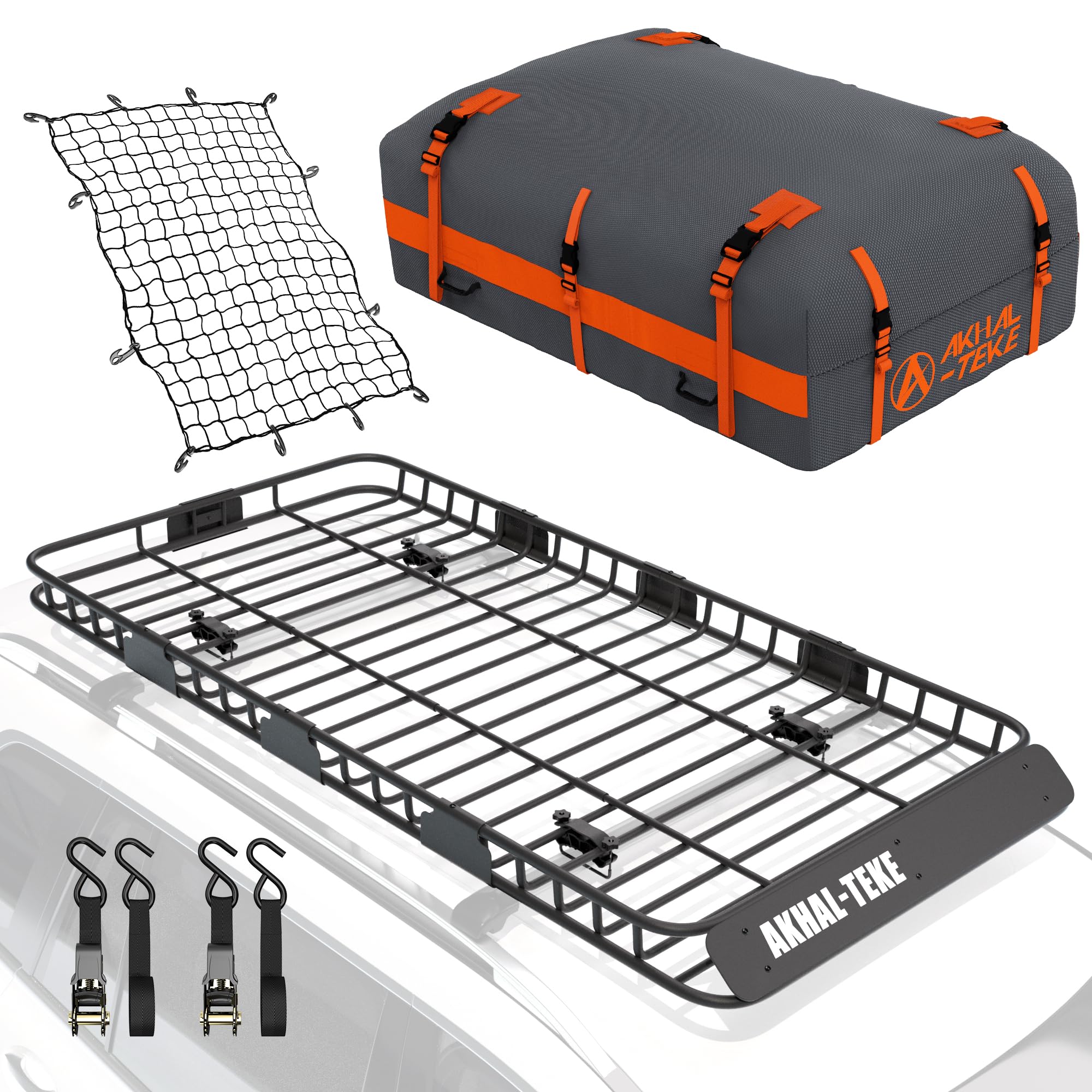 Photo 1 of AKHAL-TEKE Roof Rack Basket, Upgraded 84"x 39"x 4" Roof Rack Cargo Carrier with 21 Cubic ft Cargo Bag, 4' X 6' Cargo Net, 2 pcs Ratchet Strap and Anti-Rust Sealant Fits for SUV Truck Cars