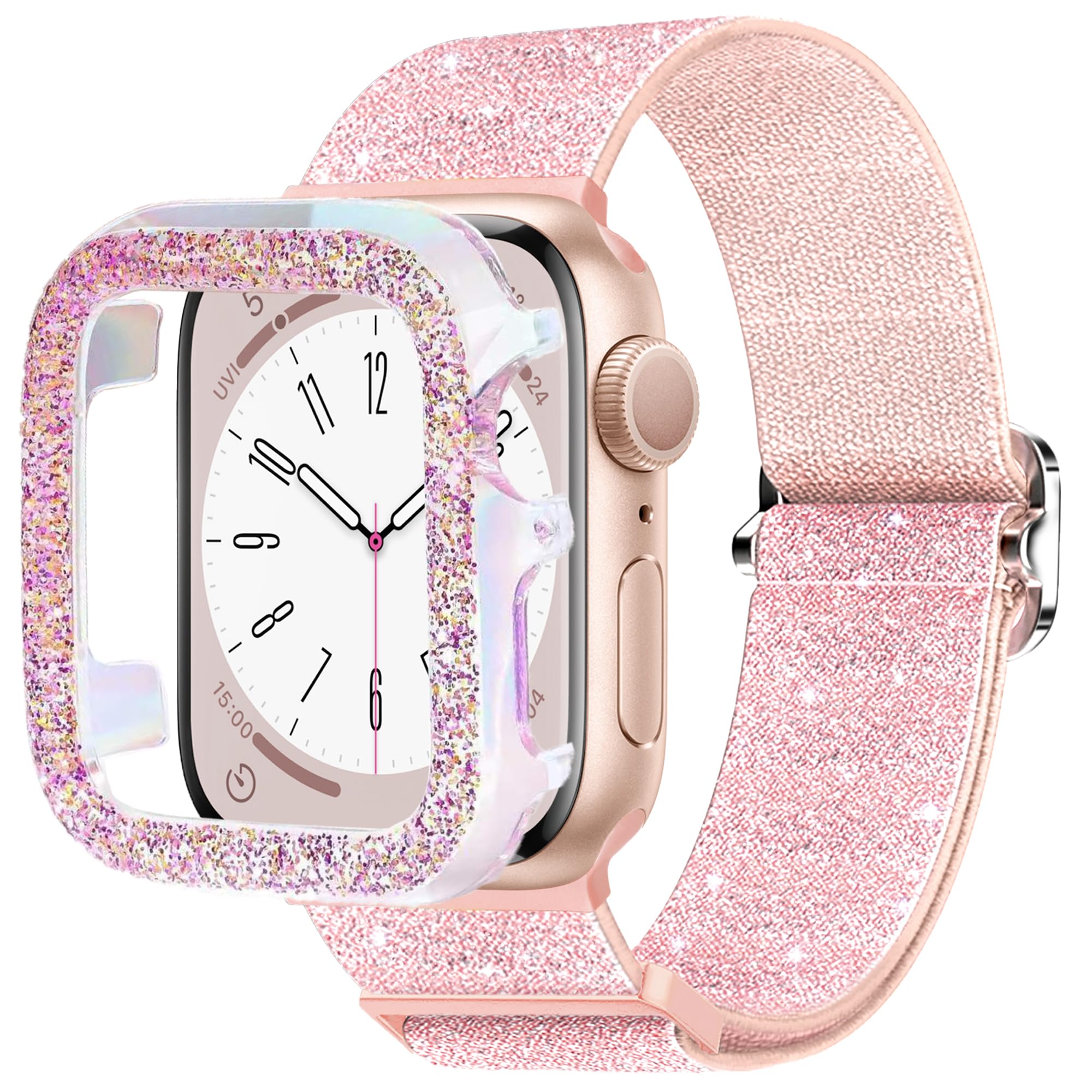 wipalor Bling Stretchy Band with Bling Case Fit Apple Watch Bands for Women 41mm, Elastic Sport Solo Loop iWatch Bands for Cute iPhone Watch Series 9 8 7-Pink Nylon Band+Sparkly Pink Cover