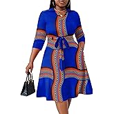 FANDEE Plus Size Midi Dress for Women - Printing Summer Dresses for Wedding Guest Cocktail Party 3/4 Sleeve V Neck（L-5XL）