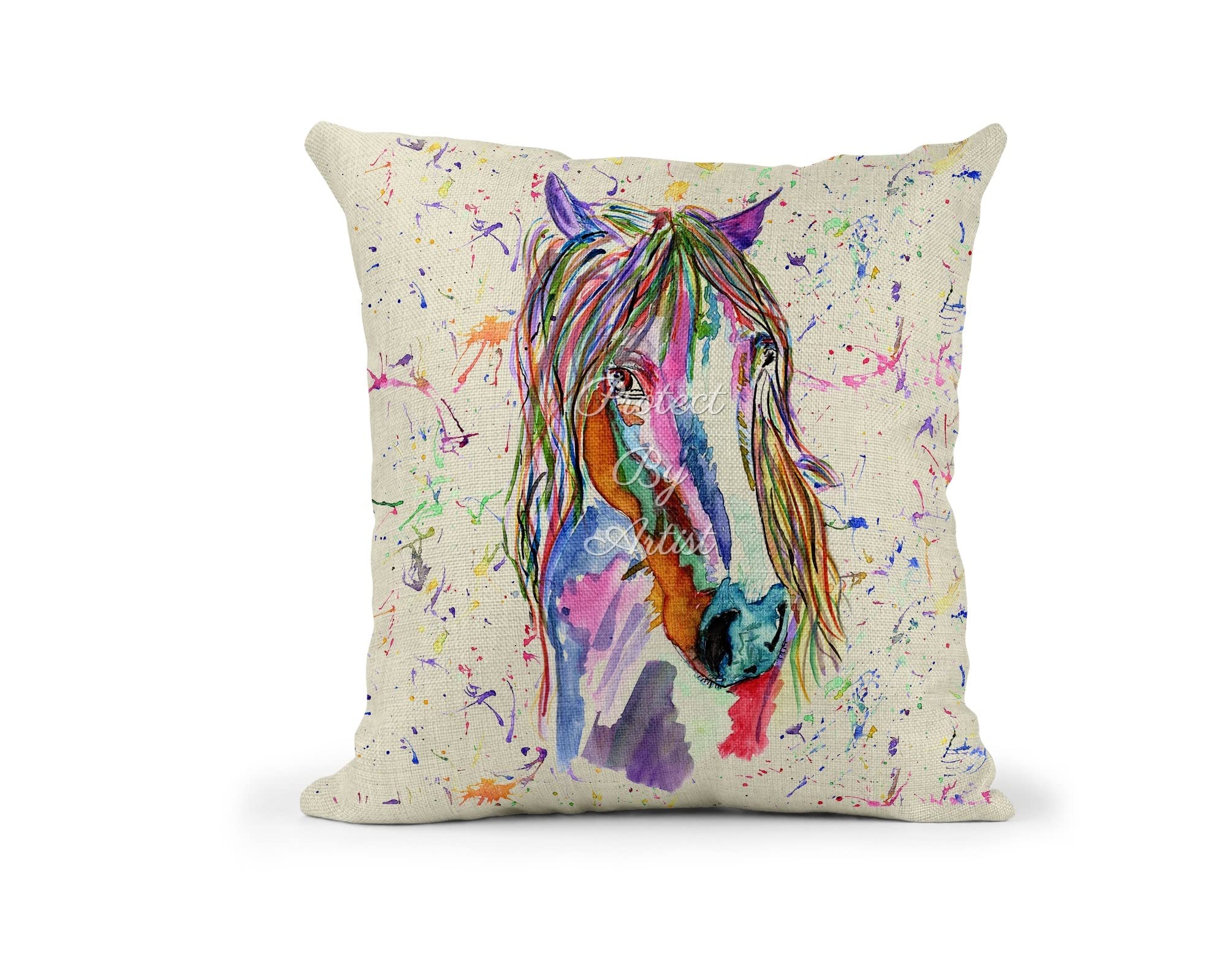 Vixar Horse Watercolour Rainbow Art Farm Animals Linnen Cushion With filling or cover only, 40x40cm, gift, christmas, Birthday (Cover Only)