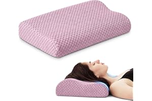 PEUJEW Travel Pillow Memory Foam Pillows, Ergonomic Wave Cervical Neck Pillow for Neck Pain Relief, Compressible Medium Firm Side Sleeper Pillow, Ideal for Camping, Office, Home & Bed (Pink, L)