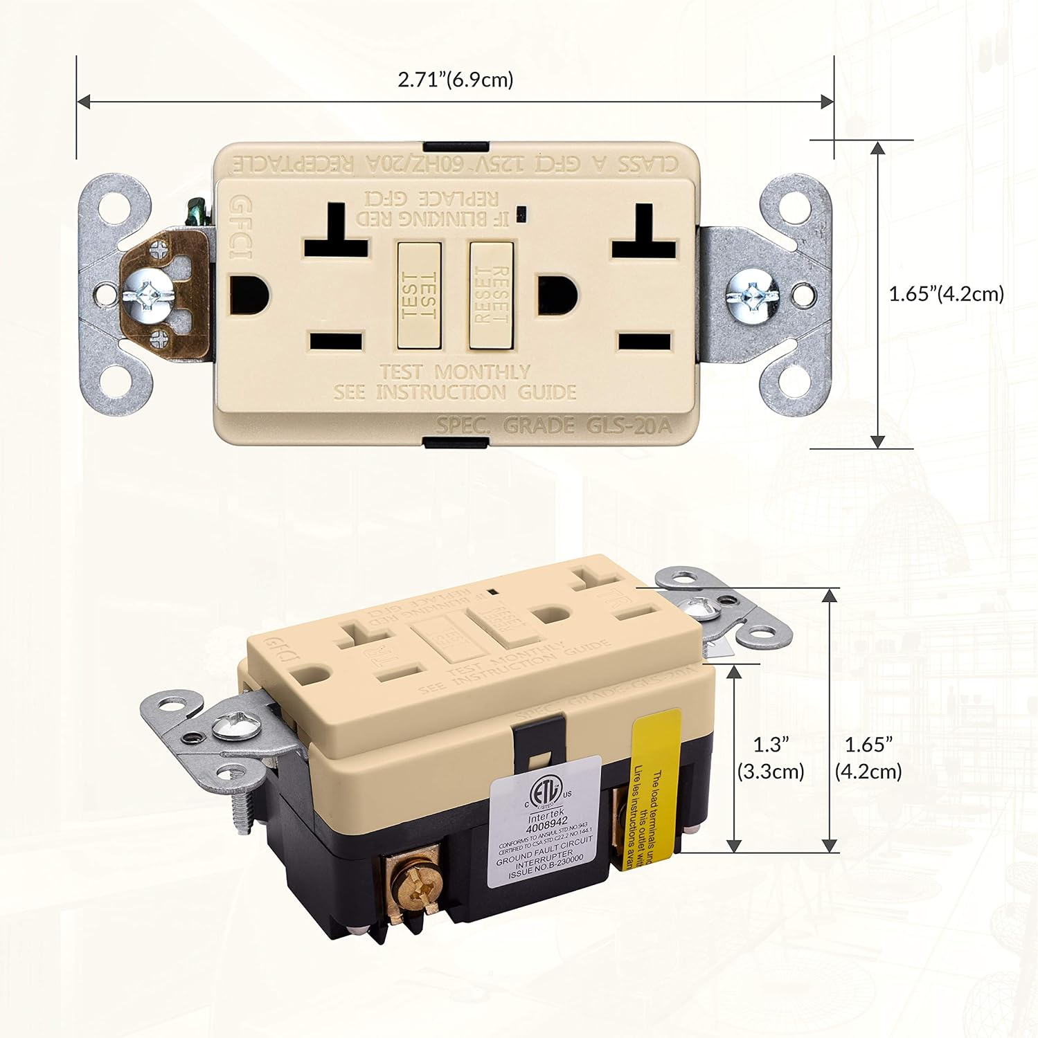 Faith 20A GFCI Outlet Slim, Non-Tamper-Resistant GFI Duplex Receptacles with LED Indicator, Self-Test Ground Fault Circuit Interrupter with Wall Plate, ETL Listed, Ivory - - 