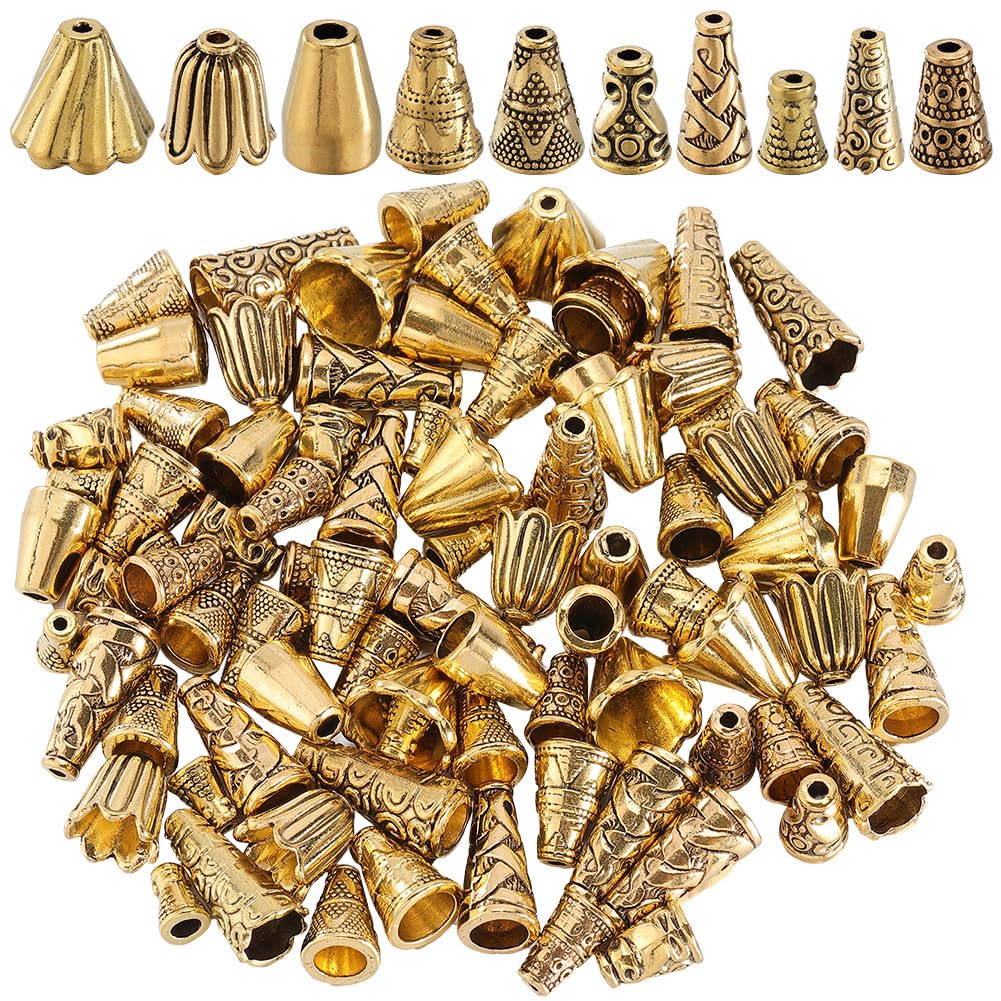 SOFPLATE 100Pcs 10 Styles Gold Cone Bead capss Flower Bead capss Tibetan Style Alloy Antique Golden Beading Tassel End capss for DIY jewellery Making Findings Supplies Earrings Accessories Crafting