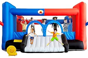 WELLFUNTIME Inflatable Bounce House with Slide, 15.3ft x 14.7ft, Jumping Castle with Blower, Dartboard, Dual Basketball Hoop, Dual Kicking Boards, Jumping Area for 6 Kids