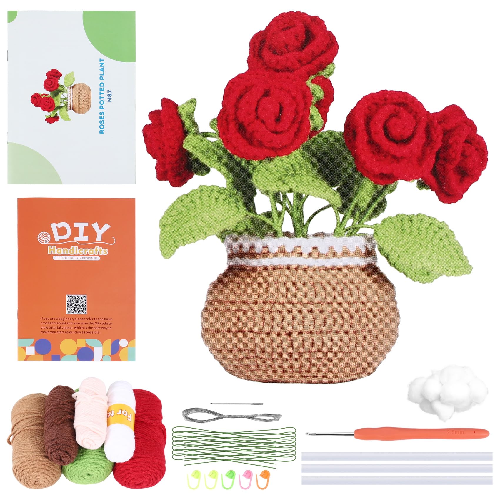 Myqqhbs Beginner Crochet Kit, Complete Crochet Kit - Potted Rose Bouquet, Small Knit DIY Yarn Rose Large Pot Decoration with Hand Sewing Needles and Video Tutorial