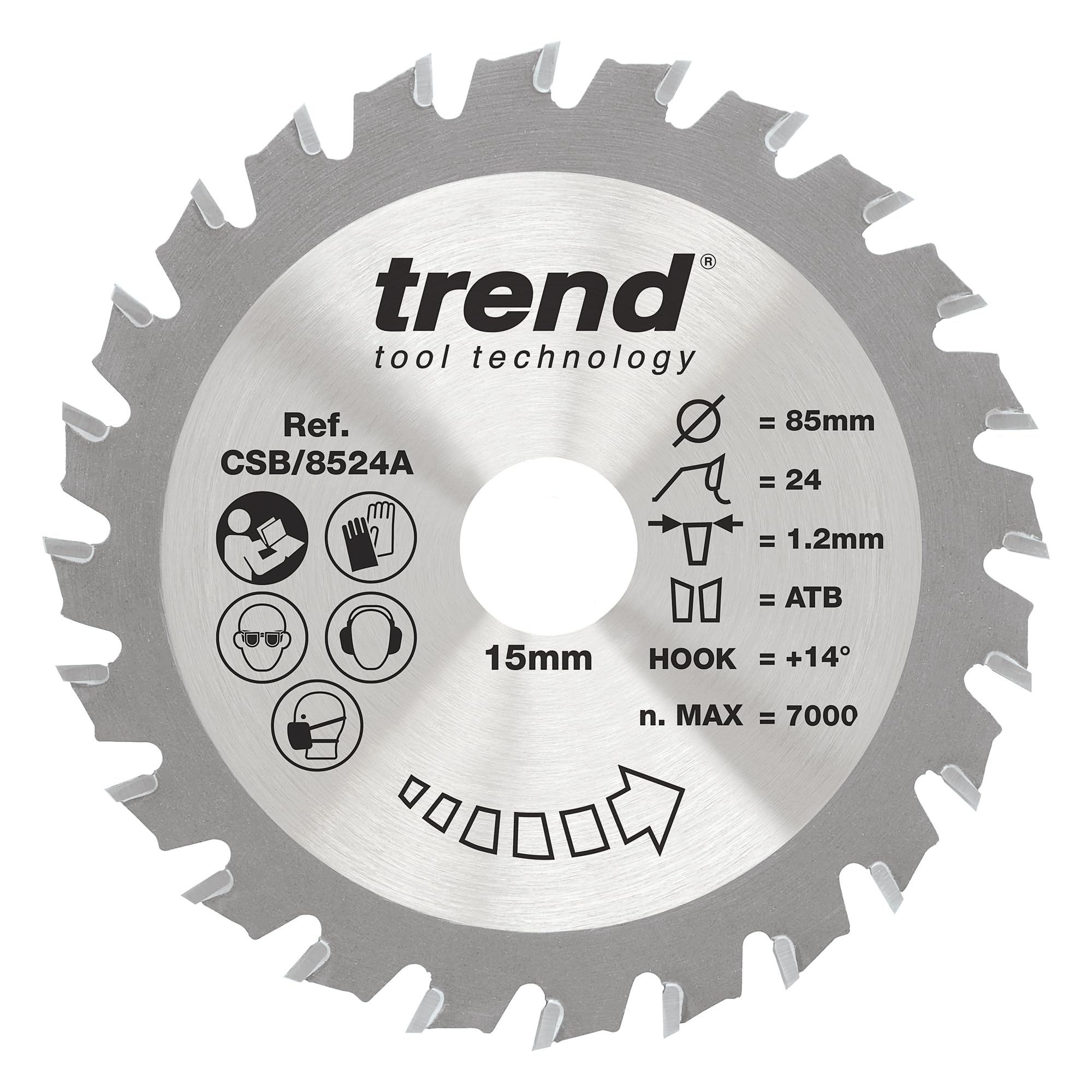 Trend Wood Circular Saw Blade, 85mm Diameter, 15mm Bore, 24 Teeth, 1.2mm Kerf, +14° Hook, TCT, Fine Finish, CSB/8524A