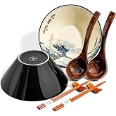 BICETTO Large Ramen Bowl Set, 8-Piece Ceramic Soup Bowls 60oz, Great Wave | , Japanese Large Ramen Bowls &ndash; Bowl for Ramen, Pho, Salad, Poke, Soup, Udon Minimalist Design