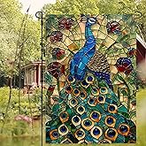 Blissyard Spring and Summer Welcome 12x18 Inch Double Sided Colorful Solemn Peacock Stained Glass Flag for Outdoor Party Decor