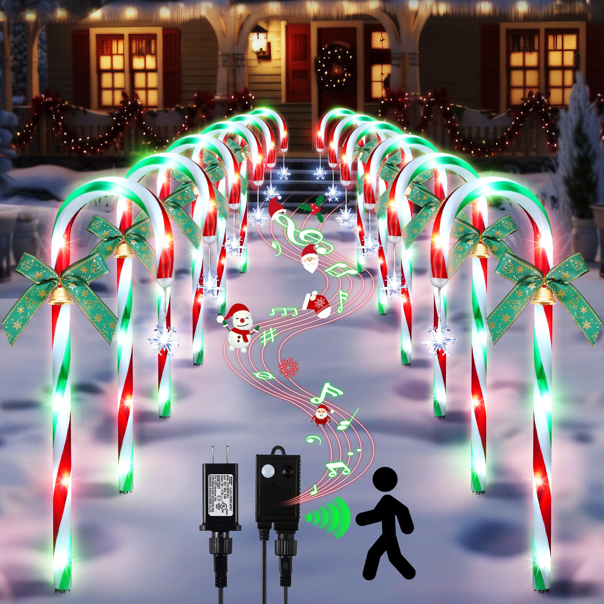 Photo 1 of Hiboom 12 Pcs Christmas Candy Cane Light with 4 Christmas Theme Music, 20'' Pathway Markers Lights with Stakes Holiday Driveway Light for Xmas Holiday Party Walkway Garden Decor(Red, Green, White)