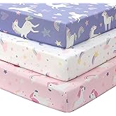 FIEMOL Baby Mini Crib Sheets Girl, Portable 38”x26” Pack and Play Sheets Fitted for Playard and Pack N Play Mattress, 3-Pack Soft Microfiber Pink Purple Rainbow
