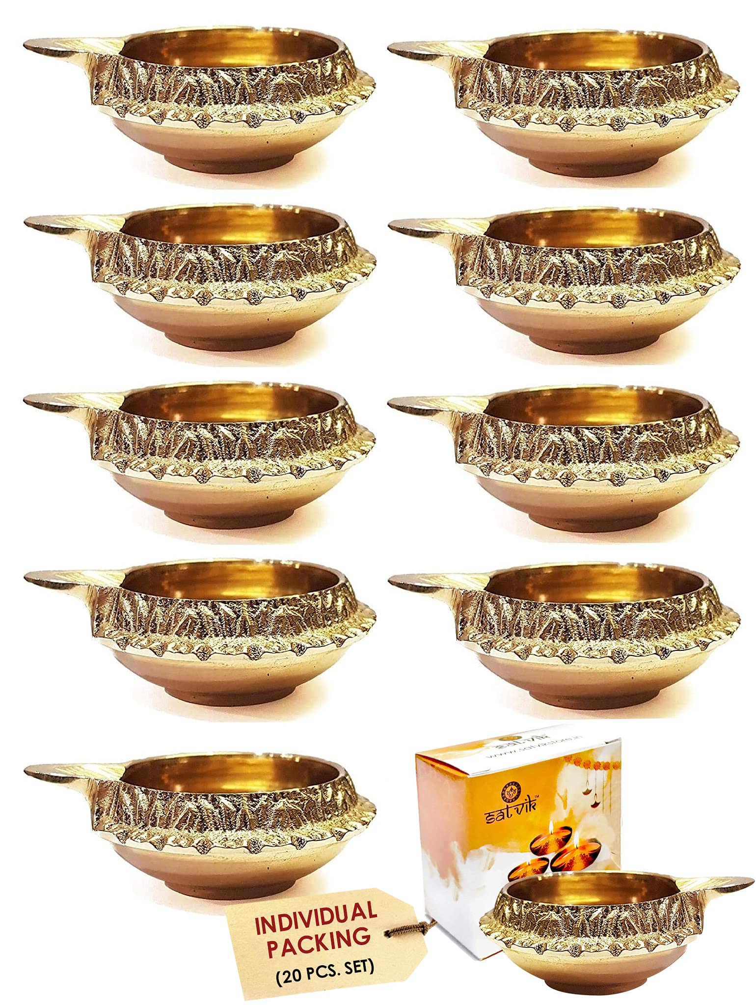 SATVIK 20 pc Kuber Diya for Diwali Decoration. Handmade Oil Lamp with Golden Engraved Made of Virgin Brass Metal. Diwali Diya Vilakku for Puja Pooja. Traditional Indian Deepawali Gift Items Bulk