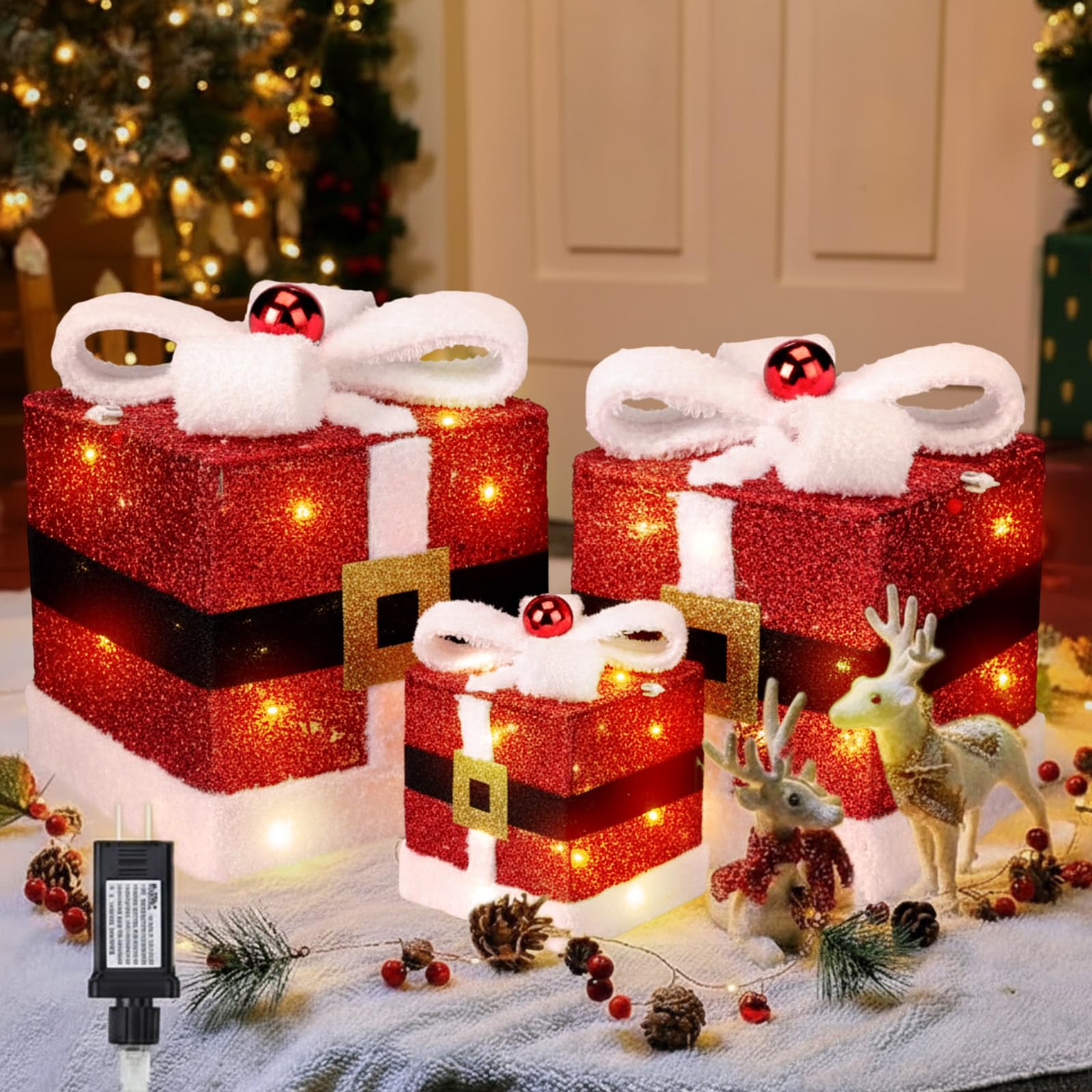 Photo 1 of **MISSING 2 BOWS**
Geelin Set of 3 Christmas Lighted Gift Boxes with Santa Claus Belt in 3 Sizes 60 LED Light up Boxes Under Tree Present Box Decorations for Indoor Outdoor Christmas Tree Door Porch Yard Decor