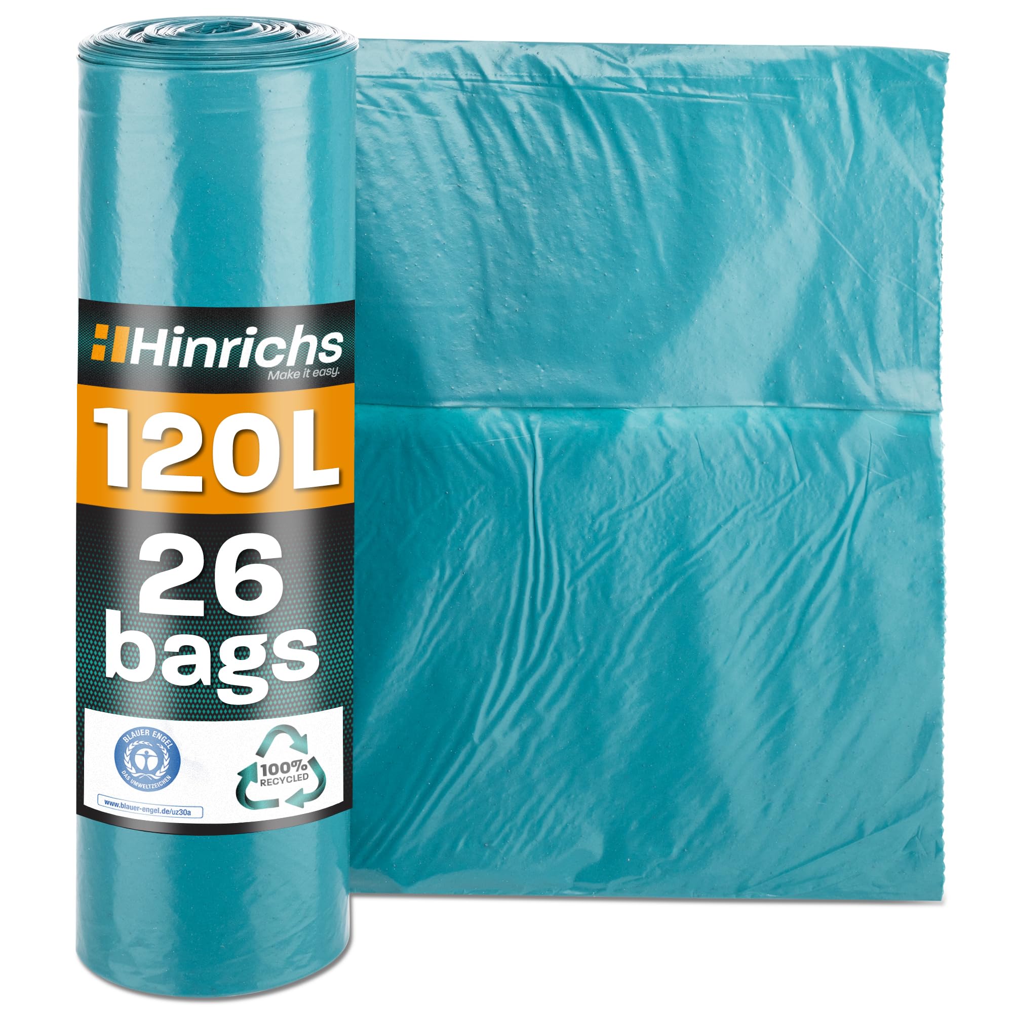 Hinrichs Trash Bags 120 Liters - extremely tearproof - Roll of 25 Bin Liners - Waste Bags with 70 μ - Heavy Duty Refuse Sacks in Blue