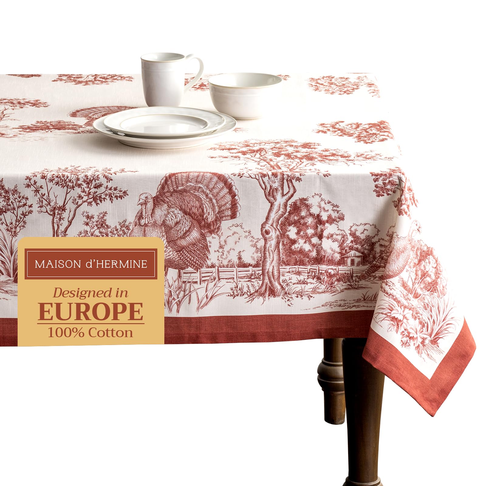 Maison d' Hermine Table Cloth Rectangle Table 100% Cotton 180 cm x 140 cm Tablecloth Reusable Everyday Use for Christmas Decorations Dining Farmhouse Home Party Festive (Holy Jouy - Red)