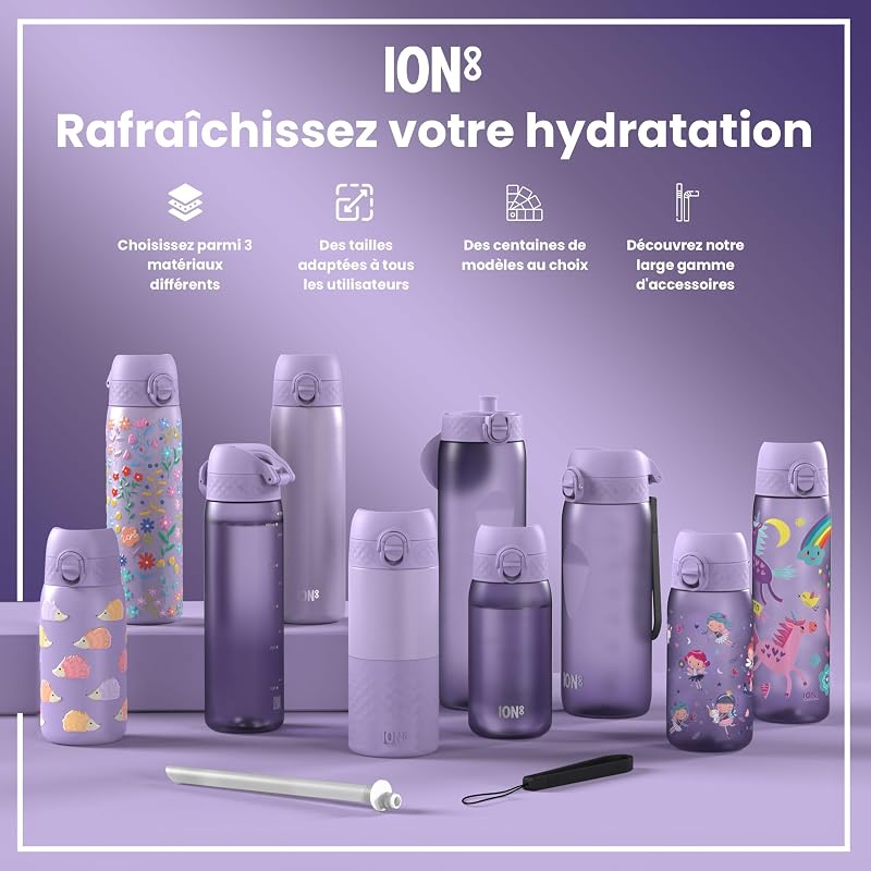 Gourde Enfant, Inox Léger, 400ml, Non Isolé, Anti-Fuite, Facile à Ouvrir, Verrouillage Sécurisé, Lavable au Lave-Vaisselle, Poignée de Transport, Acier Inoxydable, Licornes Violet