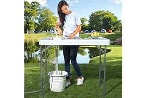 IWDOO 42.5" Fish Cleaning Table with Sink, Folding Camping Table & Fish Cleaning Station with Measure Mark, Camping Sink with Hose Hookup for Outdoor Picnic, Beach, Dock & Patio Use