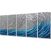 BATRENDY ARTS Extra Large Beach Metal Wall Art Hand-Crafted Blue and Silver Sea Wave Panels Decor Modern Artwork Scupltures f