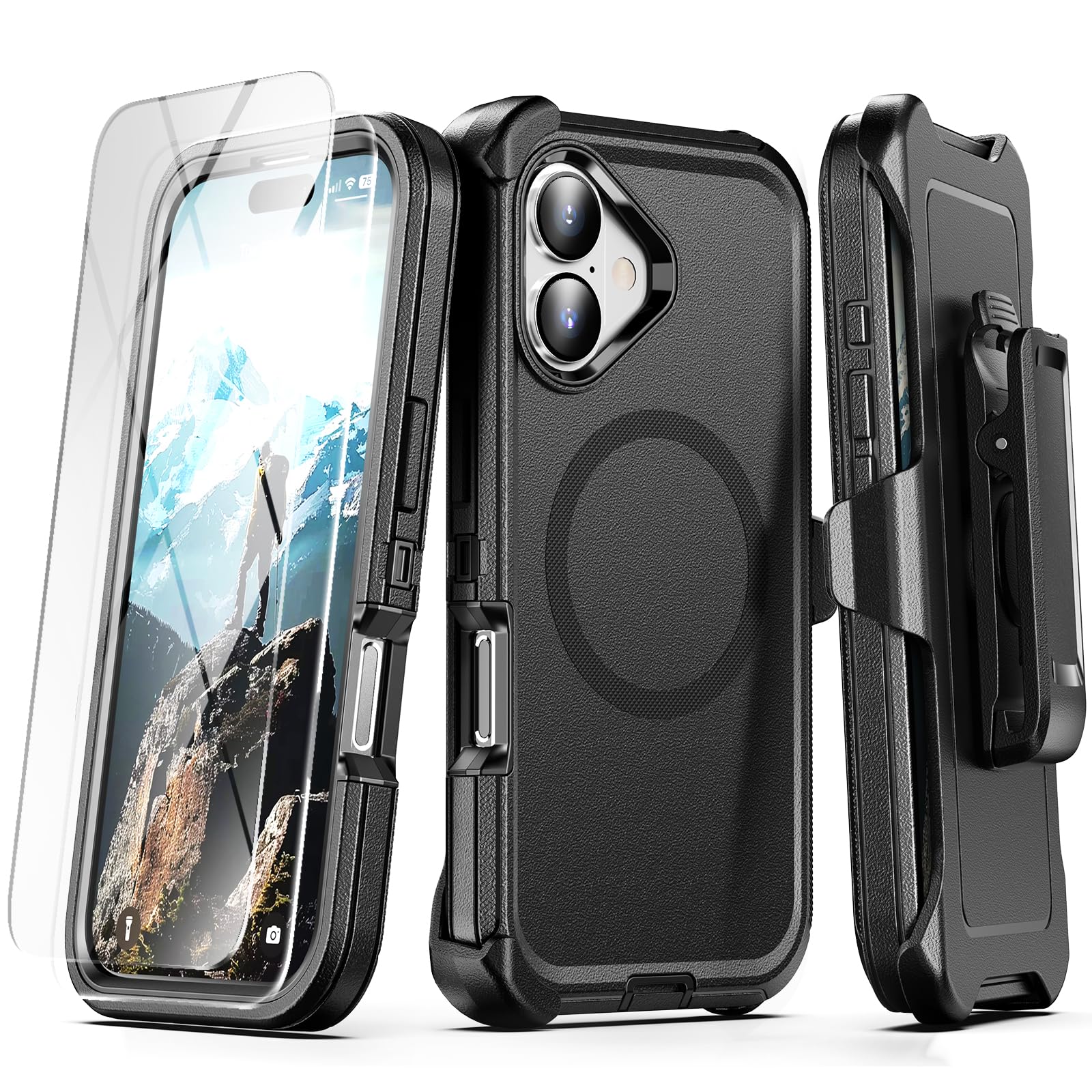 Photo 1 of TUTUKII Compatible with iPhone 17 Case with Belt Clip Holster, 2X Screen Protector, Shockproof, Compatible with MagSafe, 3-Layer Drop Protection, Heavy Duty Magnetic Phone Case Cover, 6.3", Black