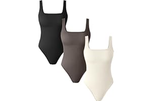 OQQ Women's 3 Piece Bodysuits Sexy Ribbed Square Neck Basic Stretch Tank Tops Bodysuits
