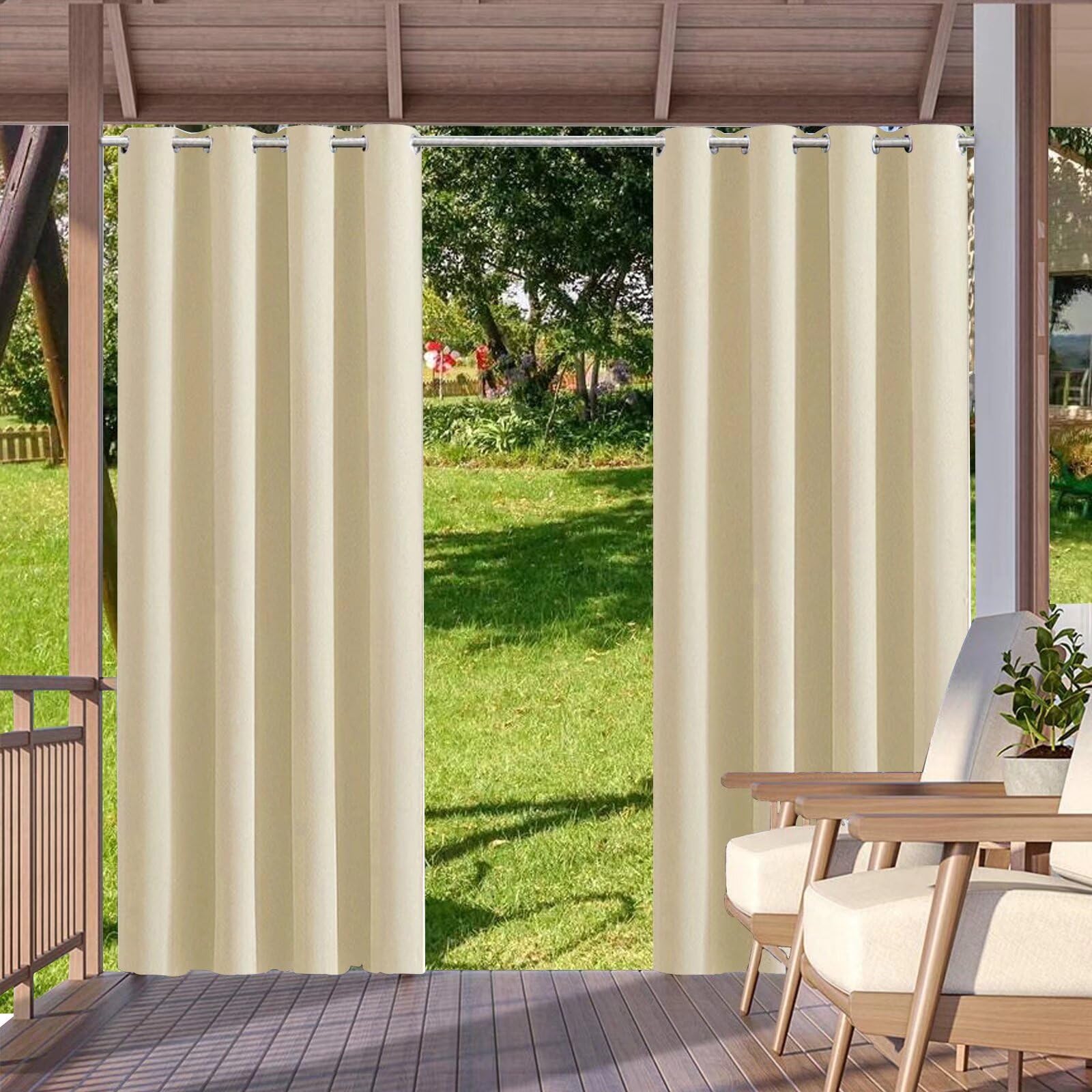 Outdoor Curtain, Waterproof, Weatherproof, Opaque, 274 x 132 cm, Beige Blackout Curtains with Eyelets, Privacy Screen, Sun Protection, Outdoor Curtain for Balcony, Patio, Pergola, Gazebo, Porch