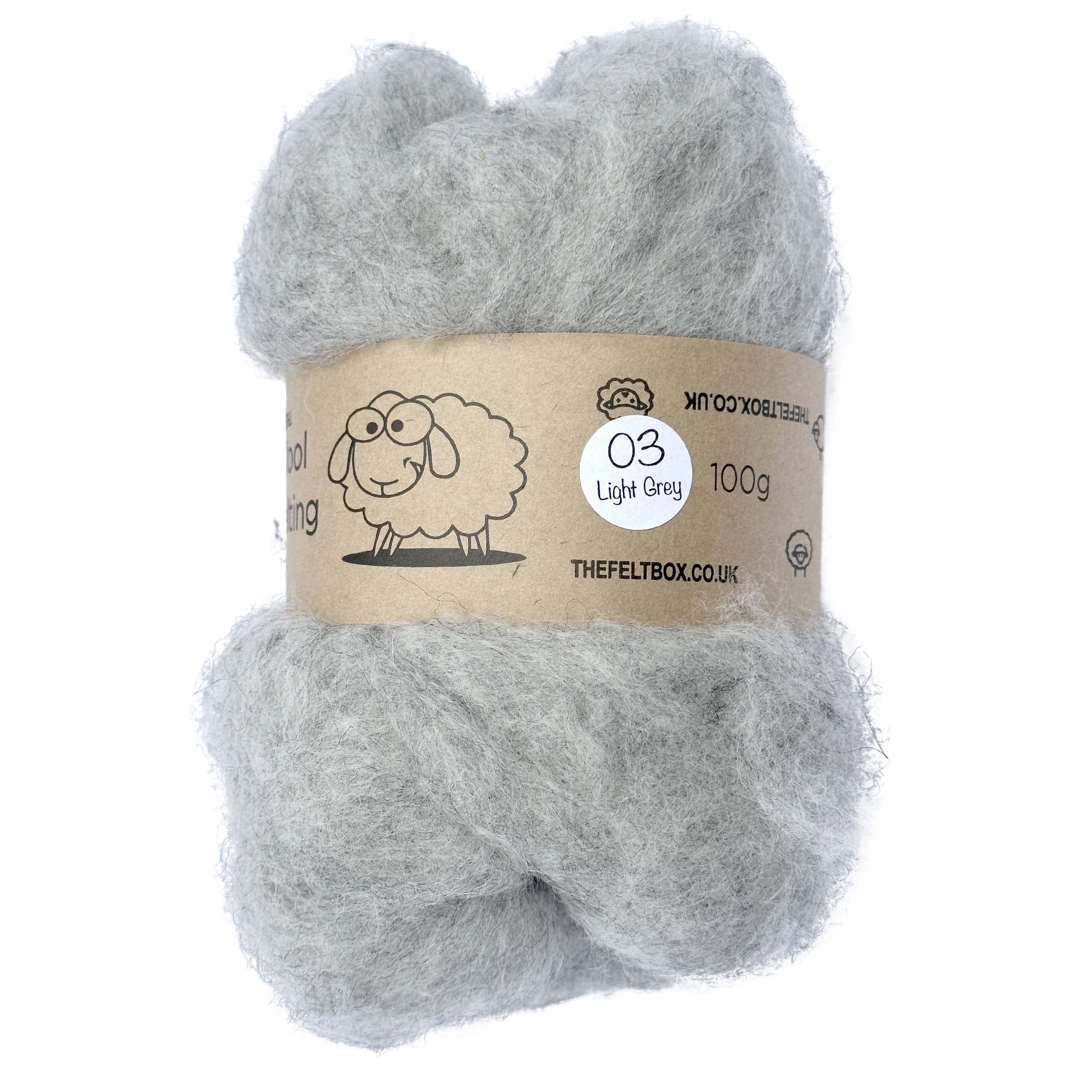 The Felt Box Needle Felting Wool Carded Batting : Short Coarser Mixed Together Fibres, Use as Core or Finish Wool 100 g | 3.5 oz- Light Grey #03