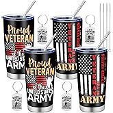 IWOLOMI 4 Pack Veteran Christmas Gifts Bulk for Men American Flag Tumbler Travel Mug and Keychain, Military 20 Oz Stainless Steel Coffee Tumbler, Army Gifts for Birthday Christmas Veterans Day Gift