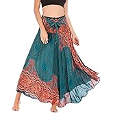 PNKJ Women Bohemian Mandala Floral Print Rayon Hippie Maxi Skirt Boho Summer Beach Dress Fits S M L