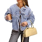 Tankaneo Womens Plaid Quilted Jackets Tie Front Lightweight Cropped Jacket Ruffled Puffer Padded Coat with Pockets