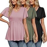 Ekouaer Maternity Shirts 3 Packs Flying Short Sleeve Maternity Tops V Neck T-Shirt Pregnancy Clothes S-XXL